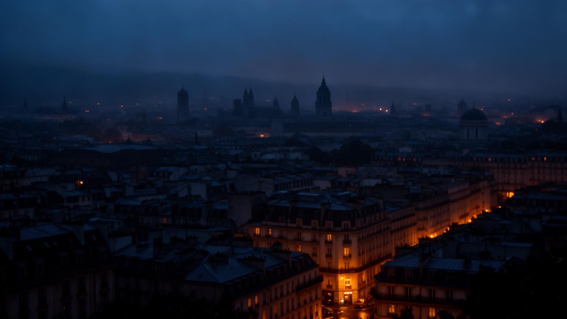 Vista cinematográfica de uma cidade europeia ao entardecer